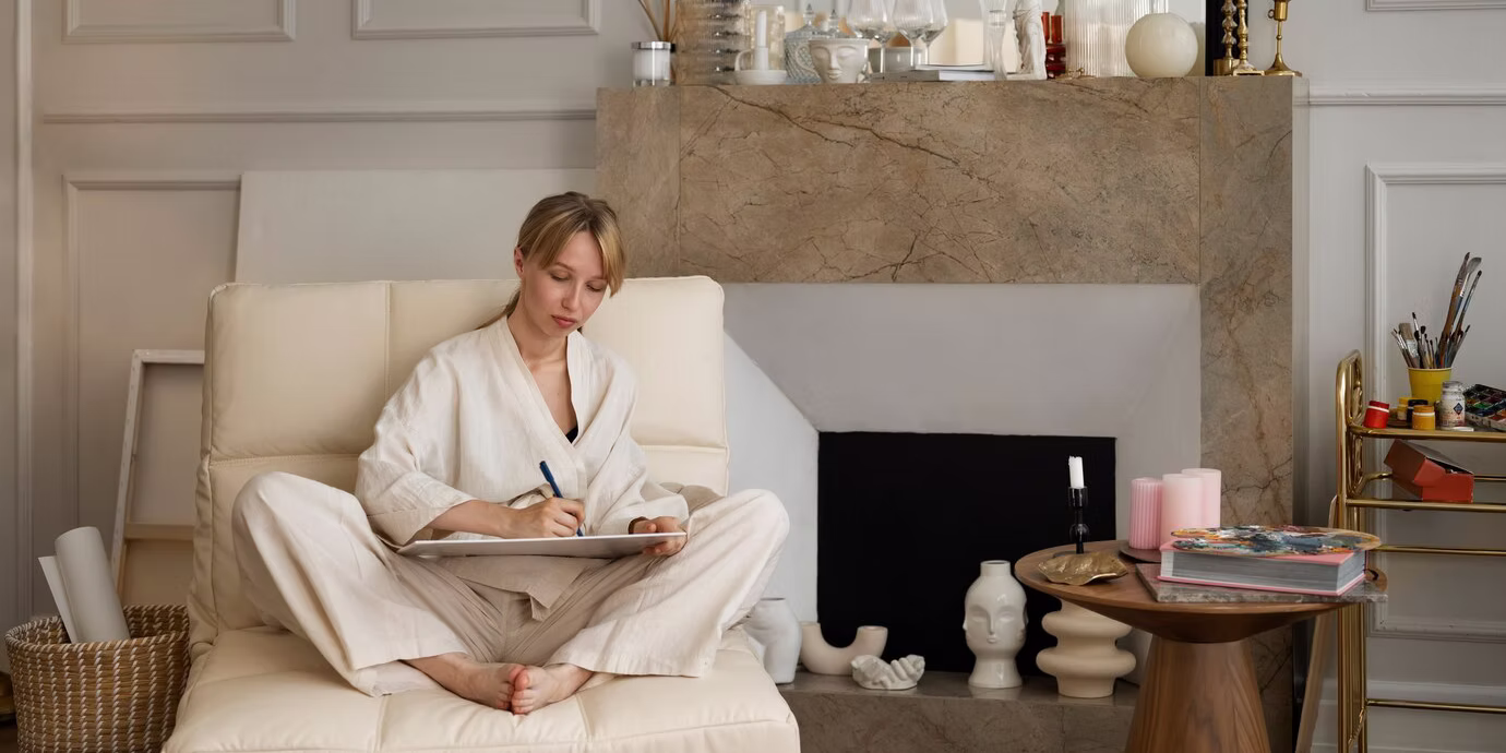 Kobieta siedząca wygodnie w fotelu w pomieszczeniu z zachowaniem zasad Feng shui.